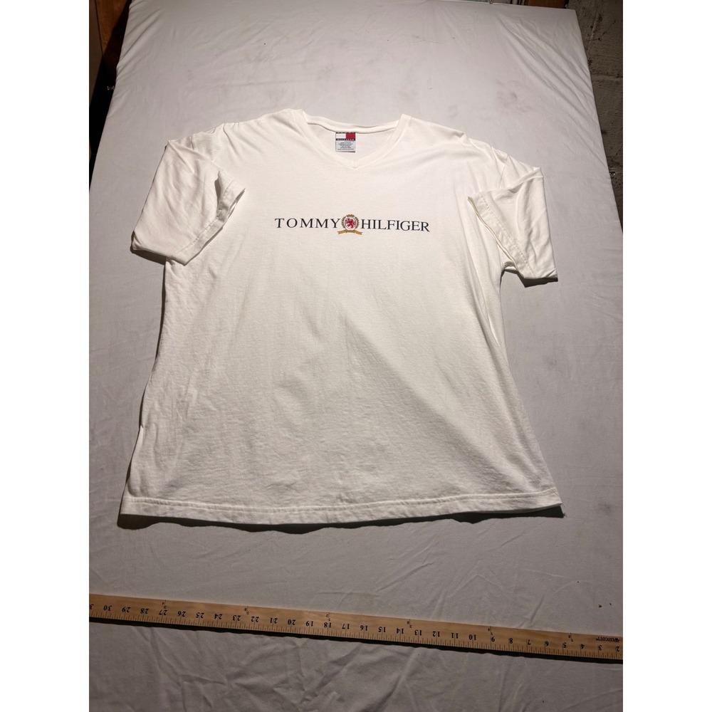 Tommy Hilfiger Mens XXL White V-Neck T-Shirt Crest Logo Short Sleeve Cotton